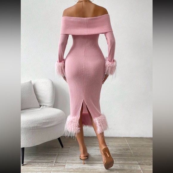 Fuzzy sleeves off shoulder dress - Picture 3 of 5